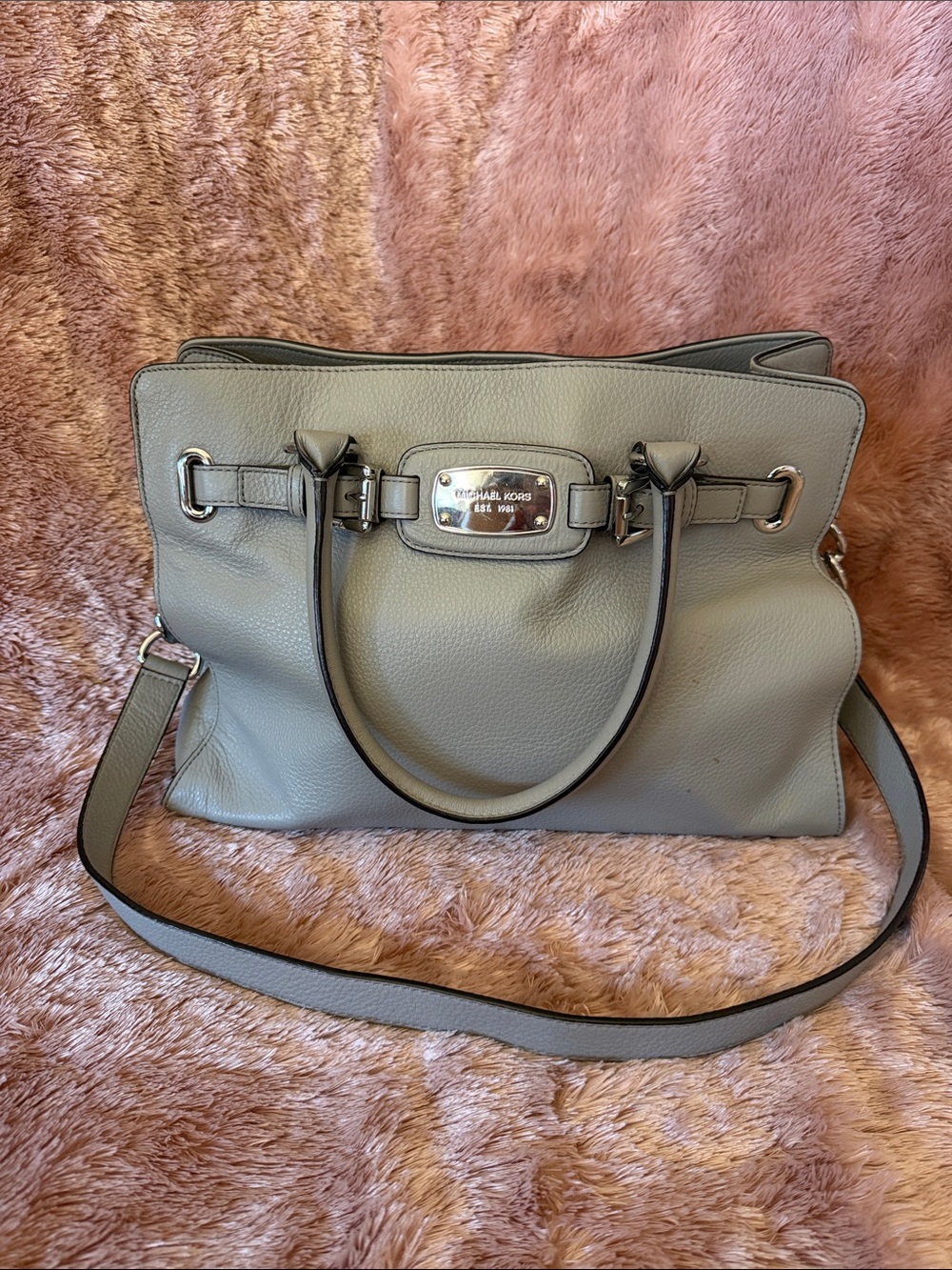 Michael Kors Light Gray Pebbled Leather Satchel with Chain Strap